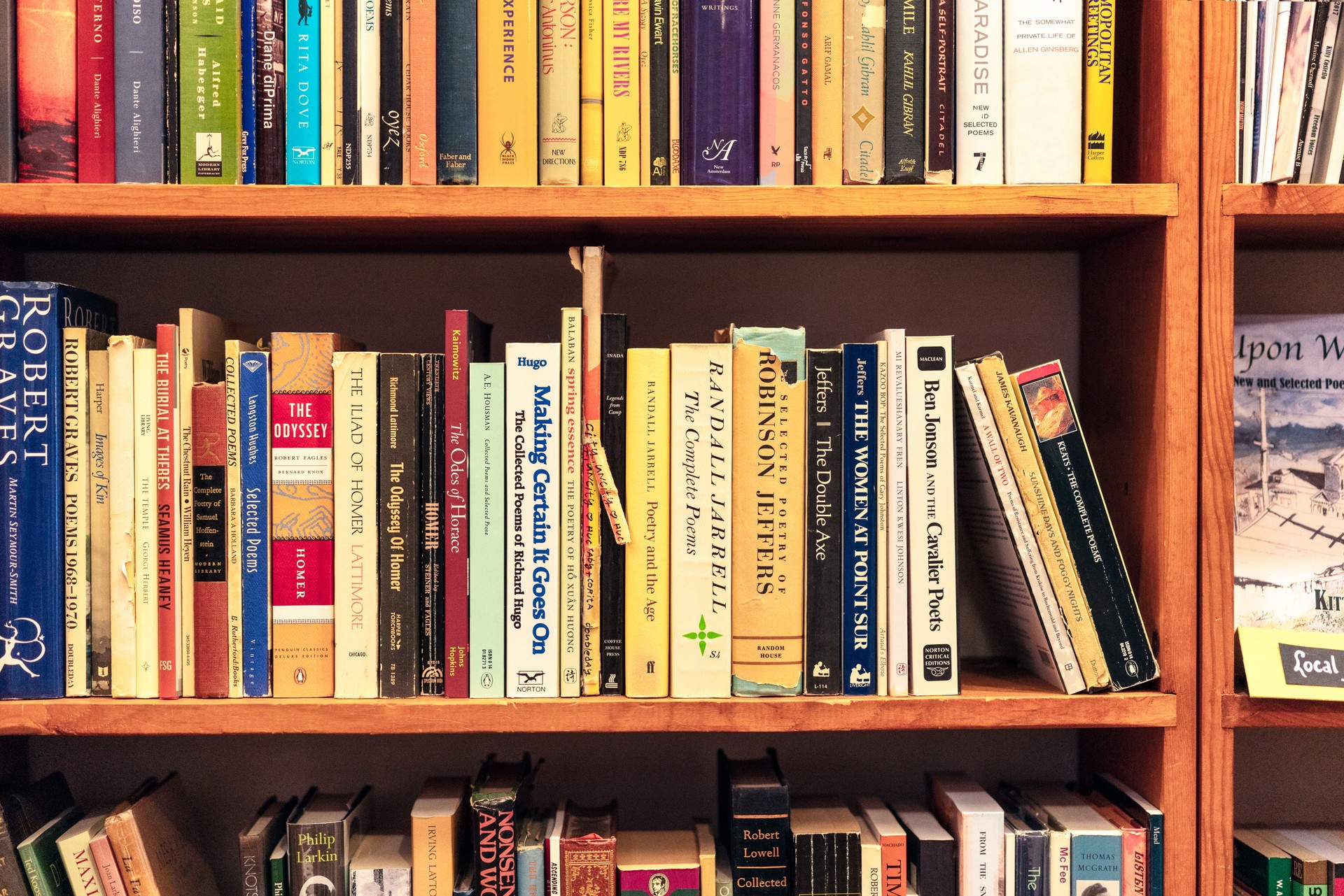 Collection of books on shelves in a second-hand bookstore